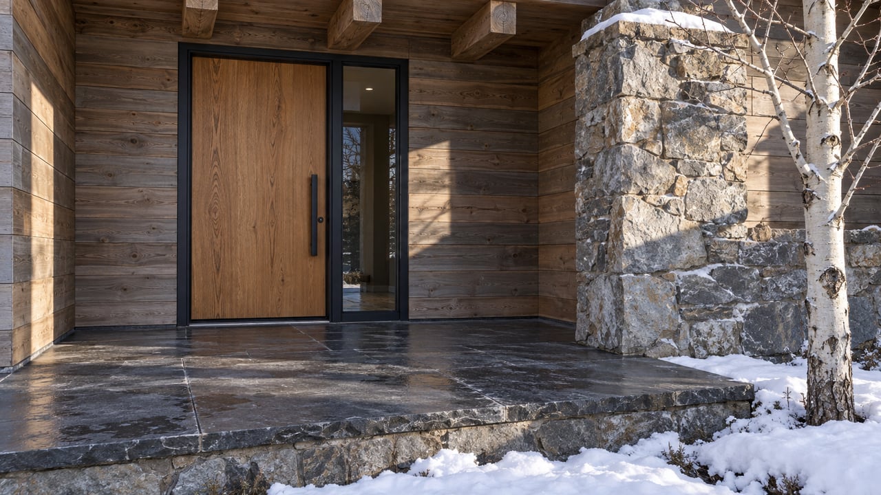 Winter sunlight on a recessed cedar and stone home entrance, with a slate landing above a snowy planting bed and one bare aspen.