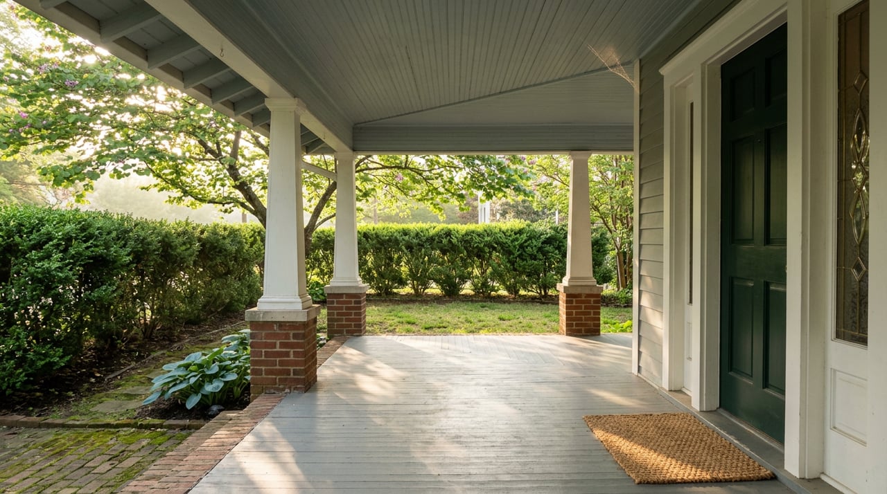 Craftsman porch with tapered columns, a green glass-paneled door, and a redbud canopy over a clipped hedge.