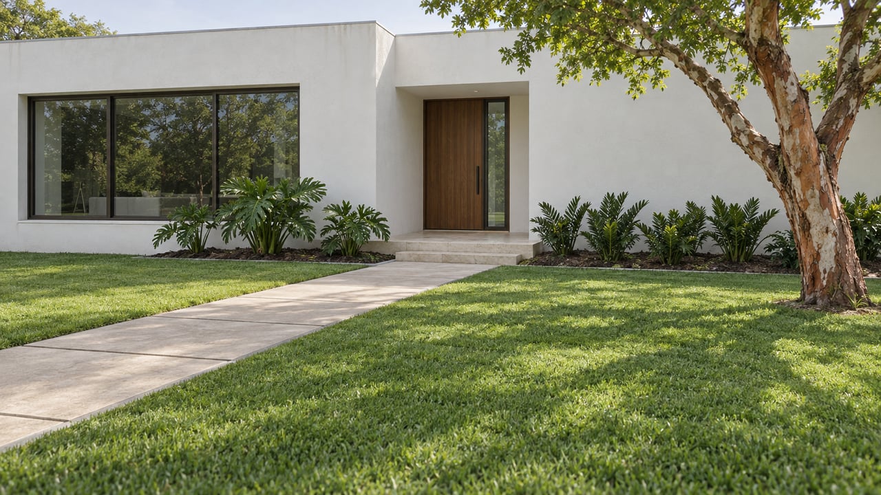 White flat-roofed home beyond a deep lawn, with a limestone entry, sculptural copper-barked tree and carefully spaced tropical planting.