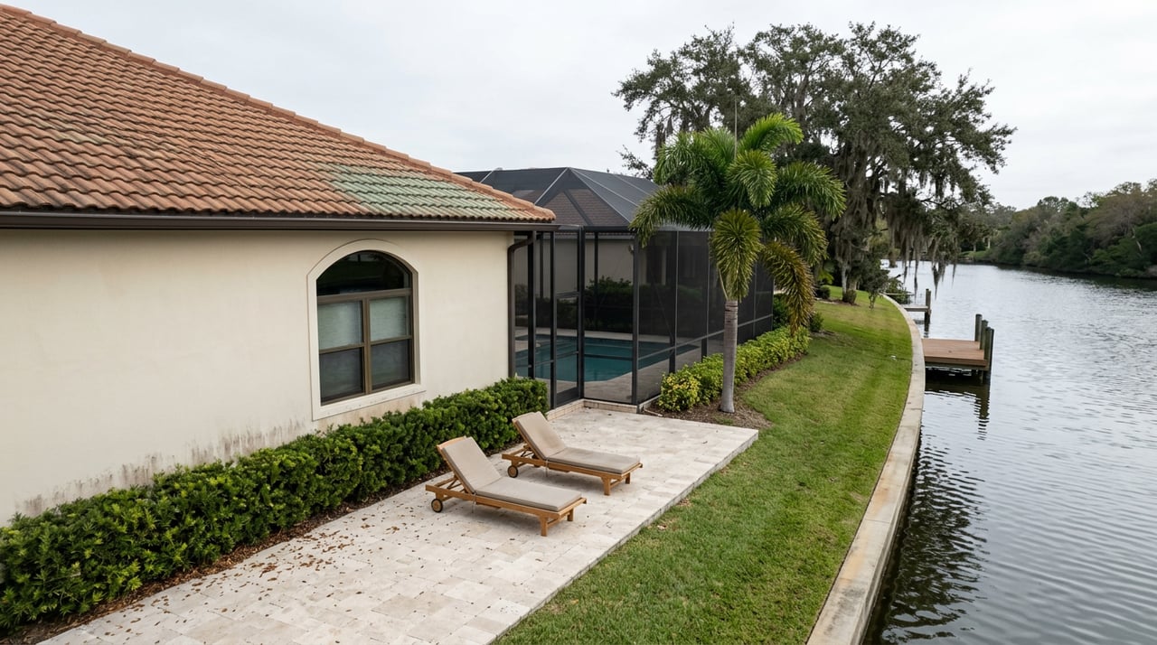 Canal-side home with terracotta roof, screened pool deck, two teak lounges, lawn, and a wooden dock beneath an oak canopy.