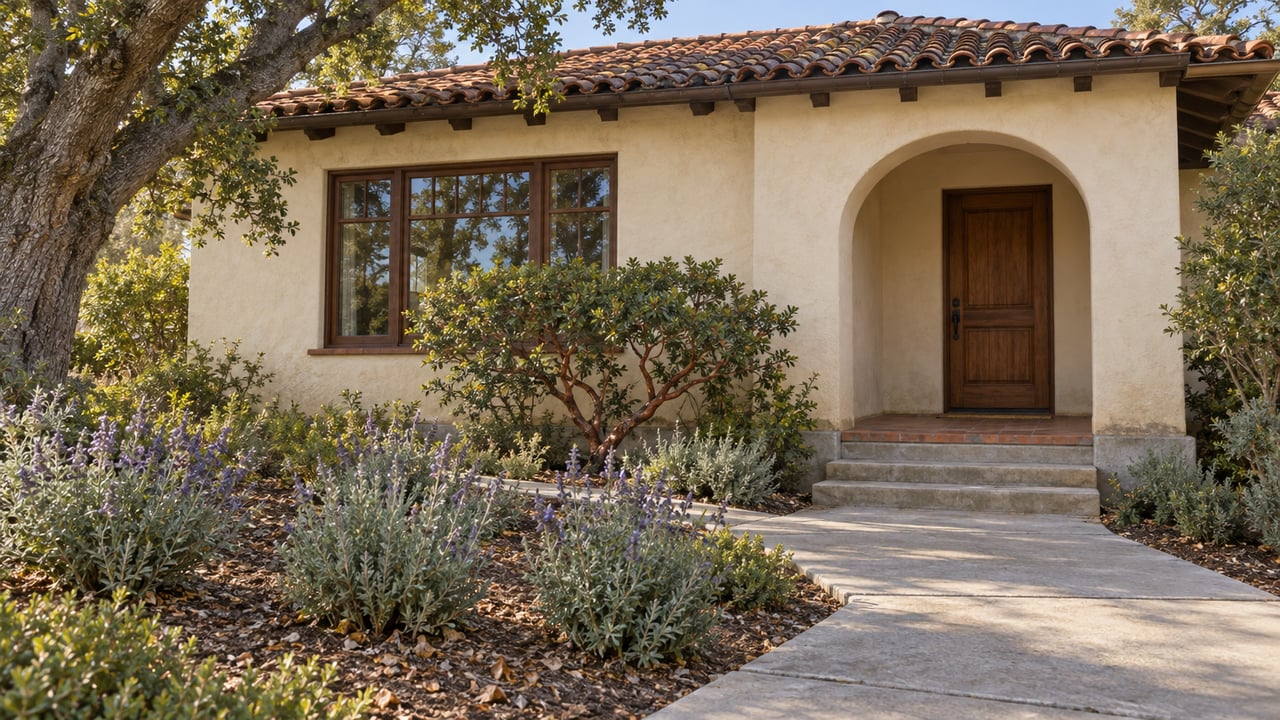 Cream stucco bungalow with a weathered clay tile roof, arched porch and concrete garden walk beside an oak tree and flowering sage.