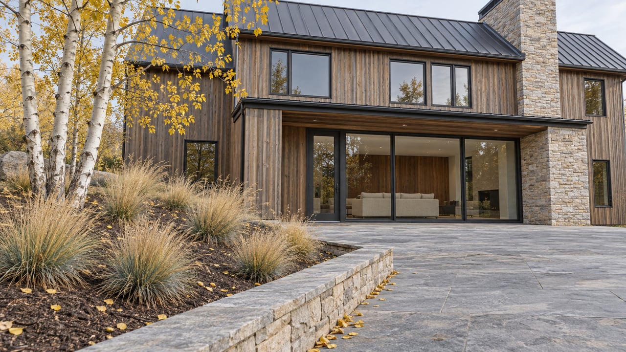Cedar and pale stone hillside home above a stone terrace, with yellow aspen leaves and tawny bunchgrasses in an autumn garden.