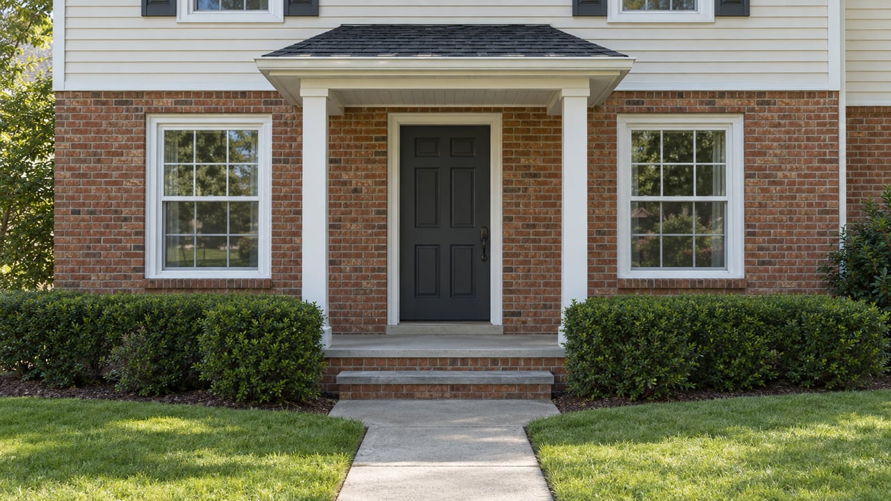 Brick house entrance with a dark door, white-trimmed windows, square porch posts, and a concrete walk across the lawn.