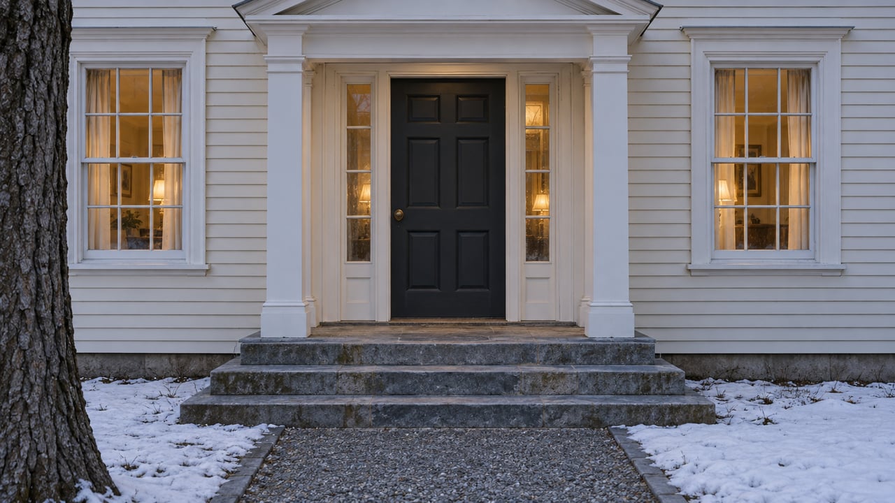 Historic clapboard home entrance at winter dusk, with warm sash windows, a charcoal door and worn bluestone steps beside settled snow.