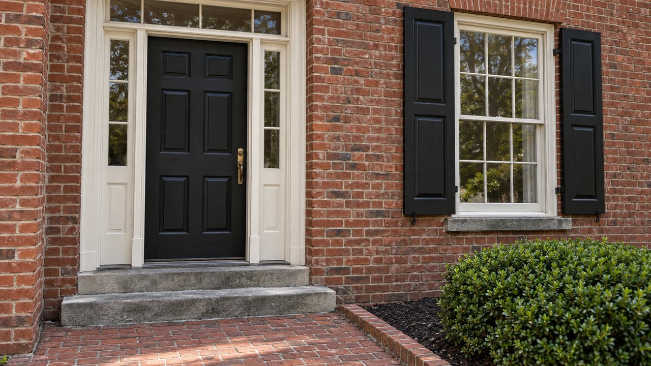 Close view of an aged red-brick home with a black paneled entrance, cream trim, paired window shutters and worn limestone steps.