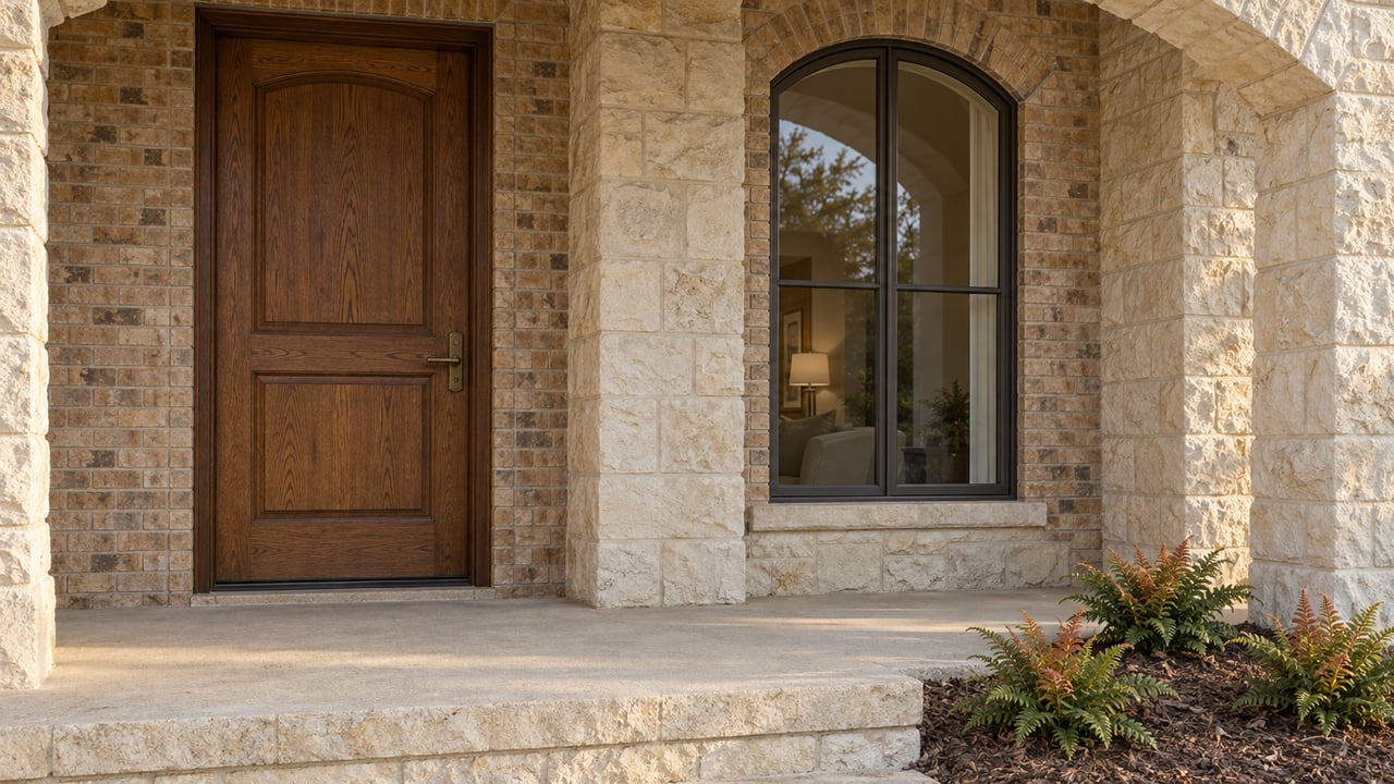 Close view of a limestone porch arch, paneled oak front door, and tall arched window beside a raised concrete landing and three ferns.