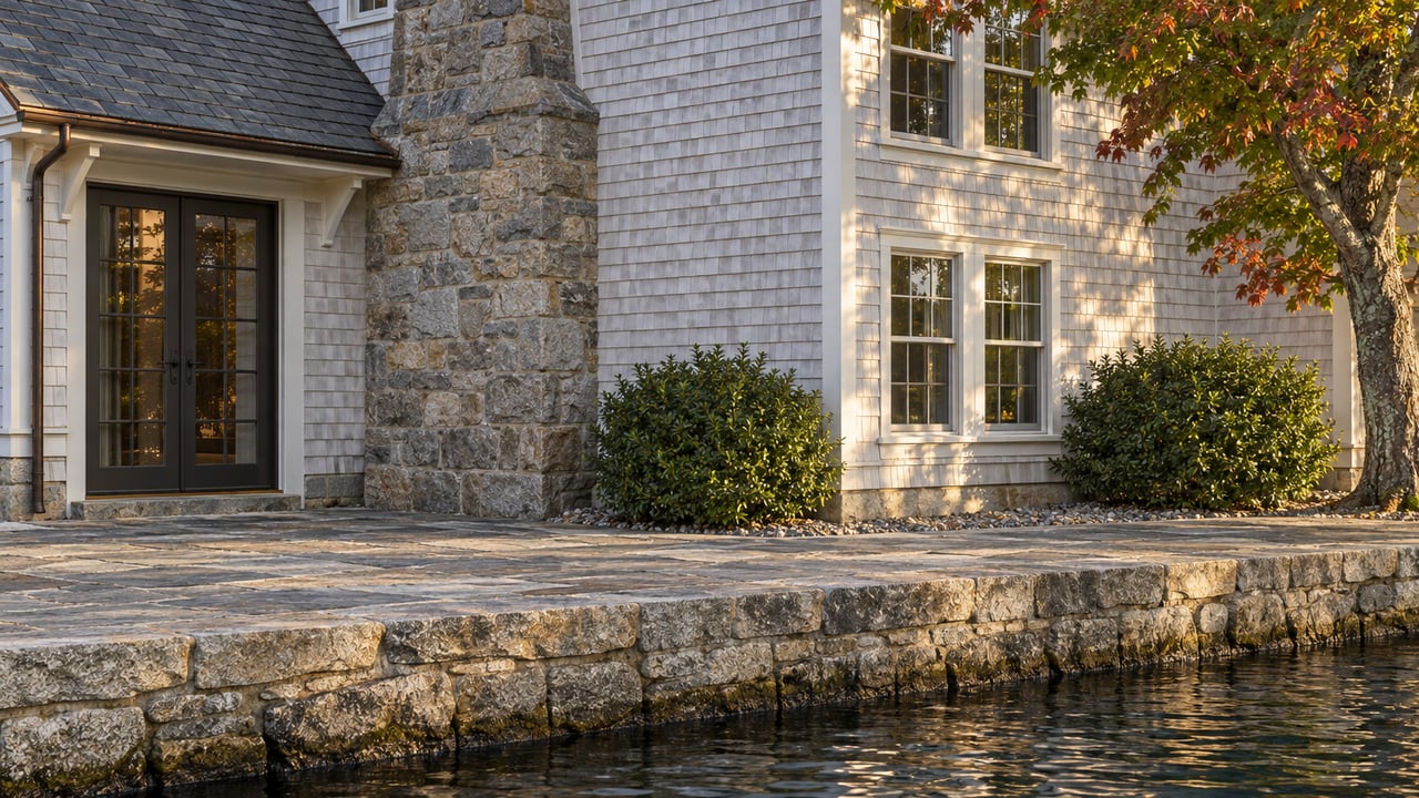 White cedar-shingle waterside house with divided-light windows, granite terrace, and a red maple canopy.