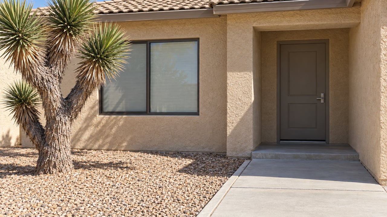 Sunlit sand-colored stucco home with a shaded recessed entrance, bronze-framed window, concrete approach, and a branching Joshua tree in a gravel bed.