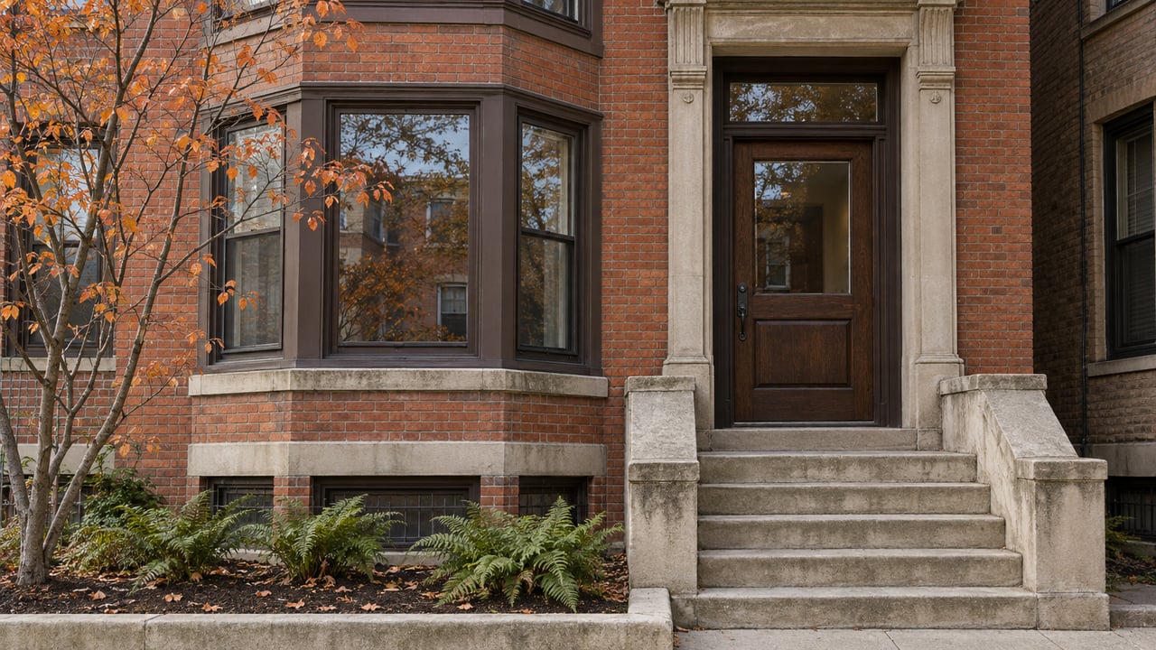 Red brick residential facade with bronze-framed bay windows, an oak entrance door, worn limestone steps and copper-leaved serviceberry planting.