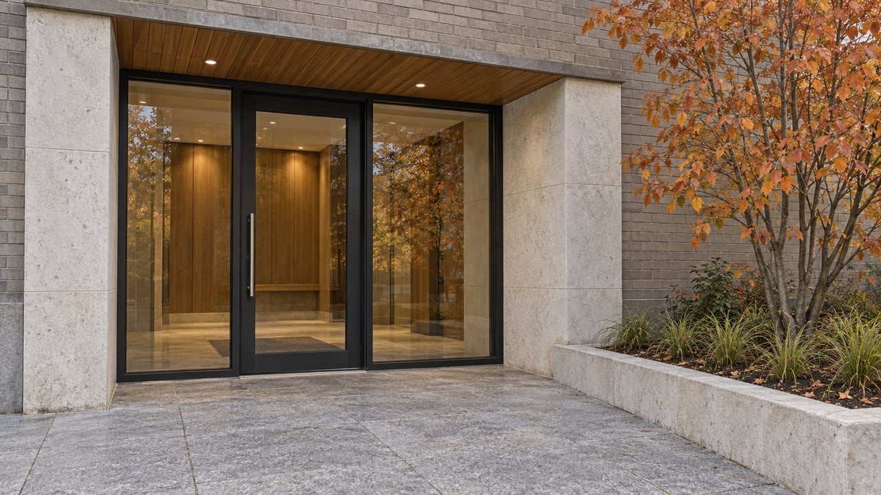 A glazed condominium entrance framed by pale limestone and buff brick, with a warm wood canopy and a raised planter holding autumn serviceberry foliage.