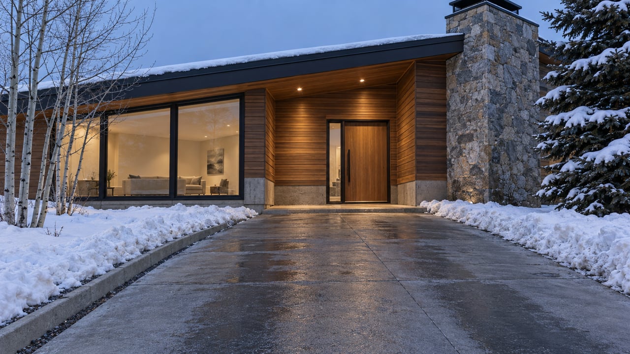 Snowbanks edge a cleared concrete approach to a cedar-and-stone home with broad windows glowing at blue hour.