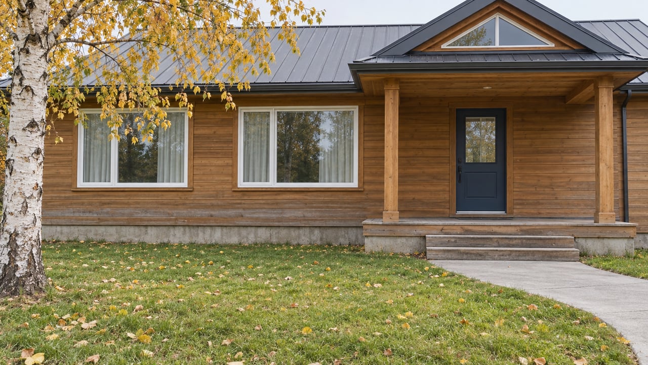 Autumn lawn and a curved concrete walk leading to a wood-sided home's covered porch, with white-framed windows and a yellow-leaved paper birch.