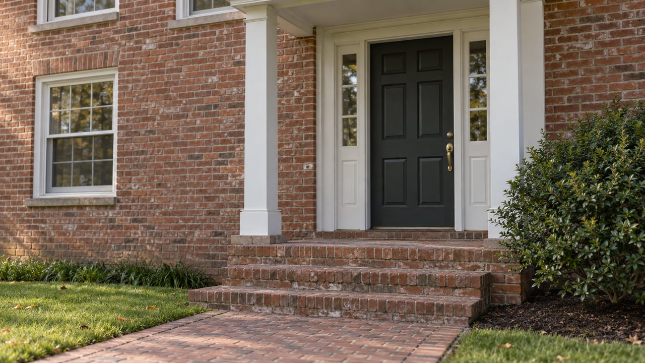 Brick entry with a dark six-panel door, glazed sidelights, three worn steps, and a small mounded shrub.