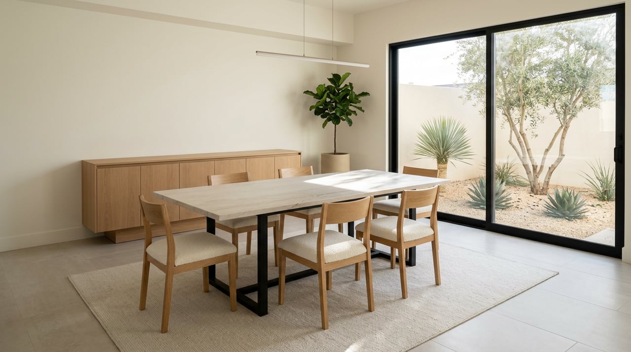 Formal dining room with quartzite table, six oak chairs, and courtyard beyond black-framed sliders.
