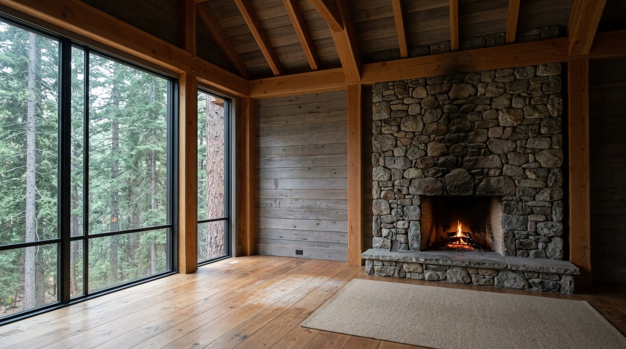 Mountain great room with a stone chimney, glowing hearth fire, vaulted timber ceiling, and forest visible through a tall window.