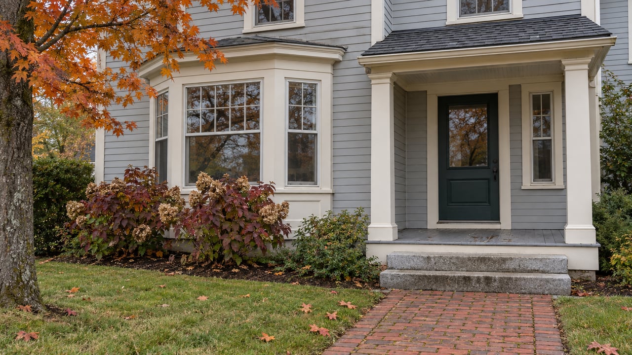 Gray clapboard home with cream sash windows, a green front door, granite steps and a brick walk beneath orange maple leaves.
