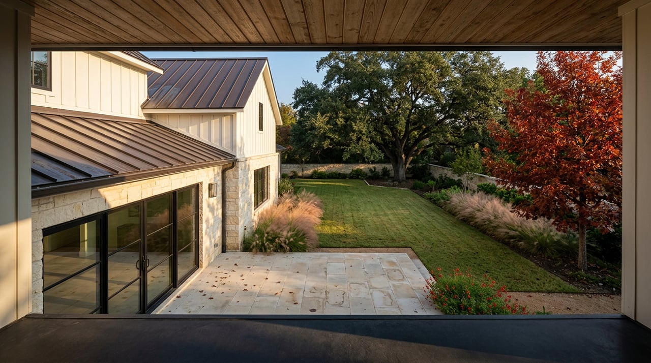 Elevated view of a limestone patio and lawn beneath a live oak, with red-orange oak leaves and flowering grasses.