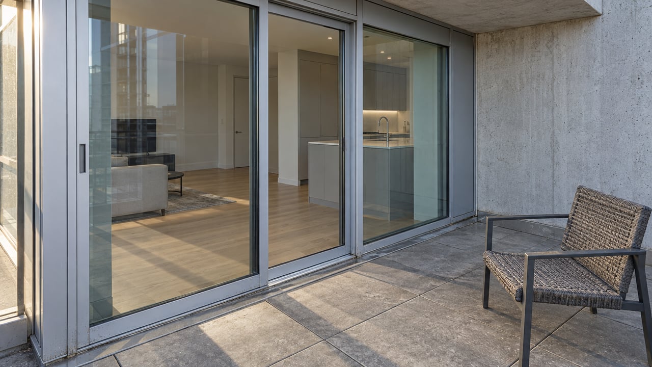 Stone-paved condo terrace with a woven outdoor chair beside aluminum-framed glass doors and a light-filled interior.