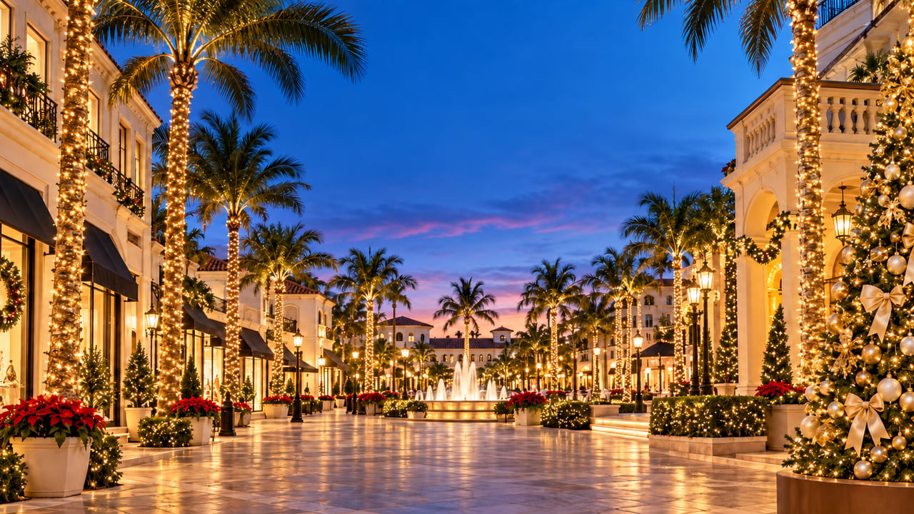 Illustrated Boca Raton holiday promenade with illuminated palm trees, a Christmas tree and a blue twilight sky.