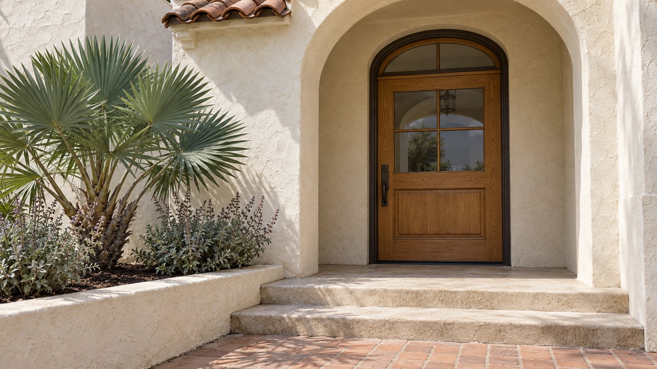 Sunlit ivory stucco entry with an oak and glass door, worn limestone steps, terracotta paving, and a sculptural fan aloe in a raised planting bed.