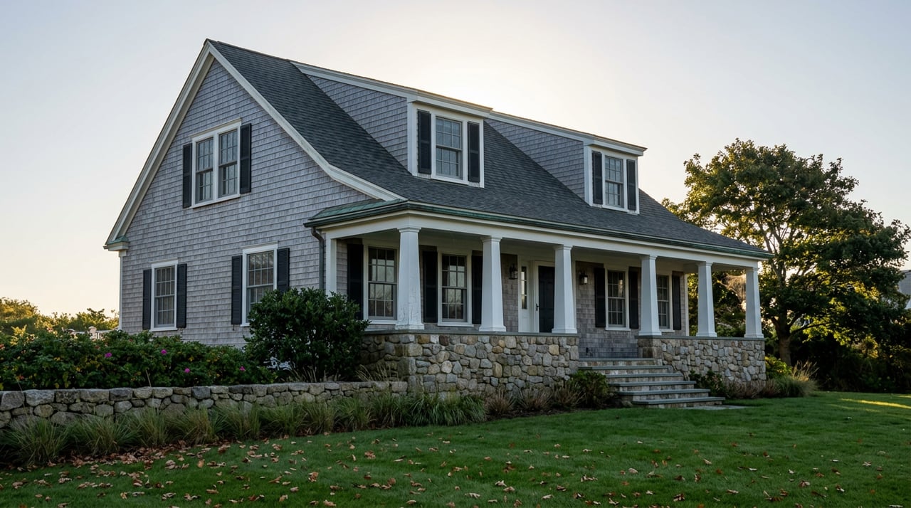 Shingle-style coastal house with a raised fieldstone foundation, wraparound porch, two dormers, and lawn-side stone wall.