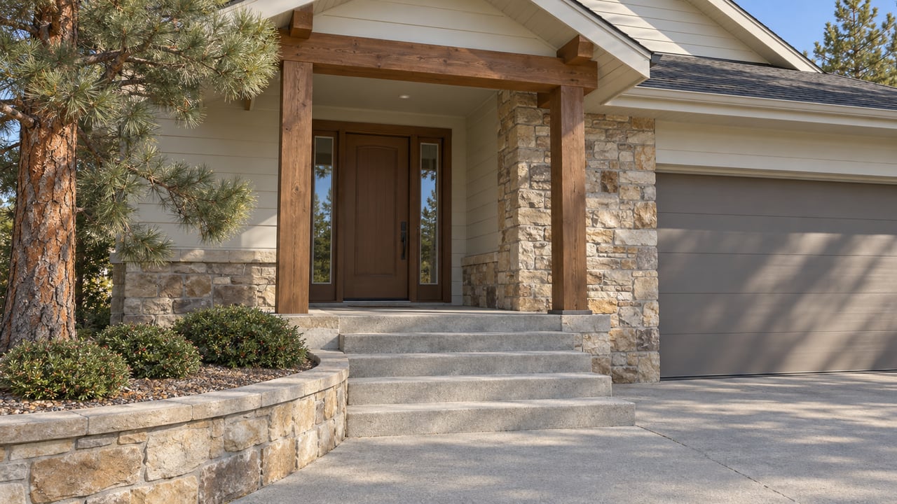 Low-angle view of a cream-sided home with a buff sandstone porch, timber posts, broad concrete entry steps and a partial taupe garage door.