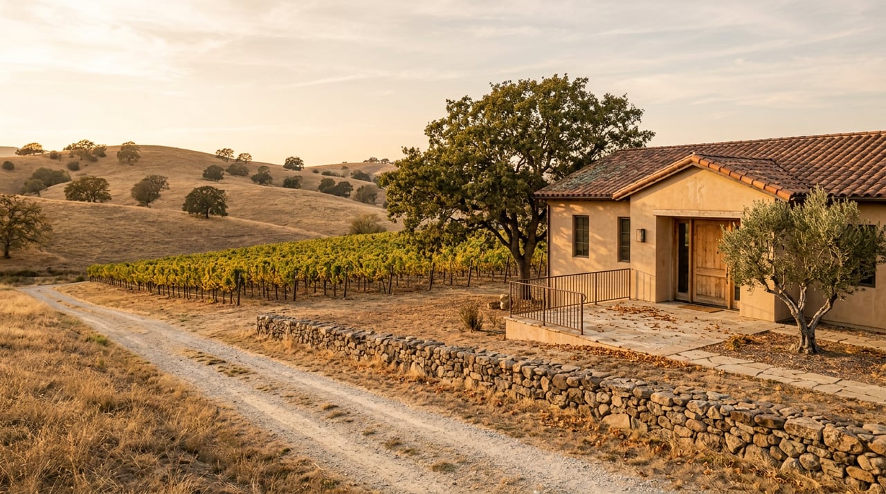 Hillside vineyard rows lead toward a stucco residence with a terracotta roof, beneath scattered oaks.
