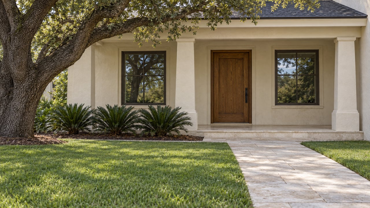 Ivory stucco home entry with a honey-brown oak door, limestone approach, and mature tree.