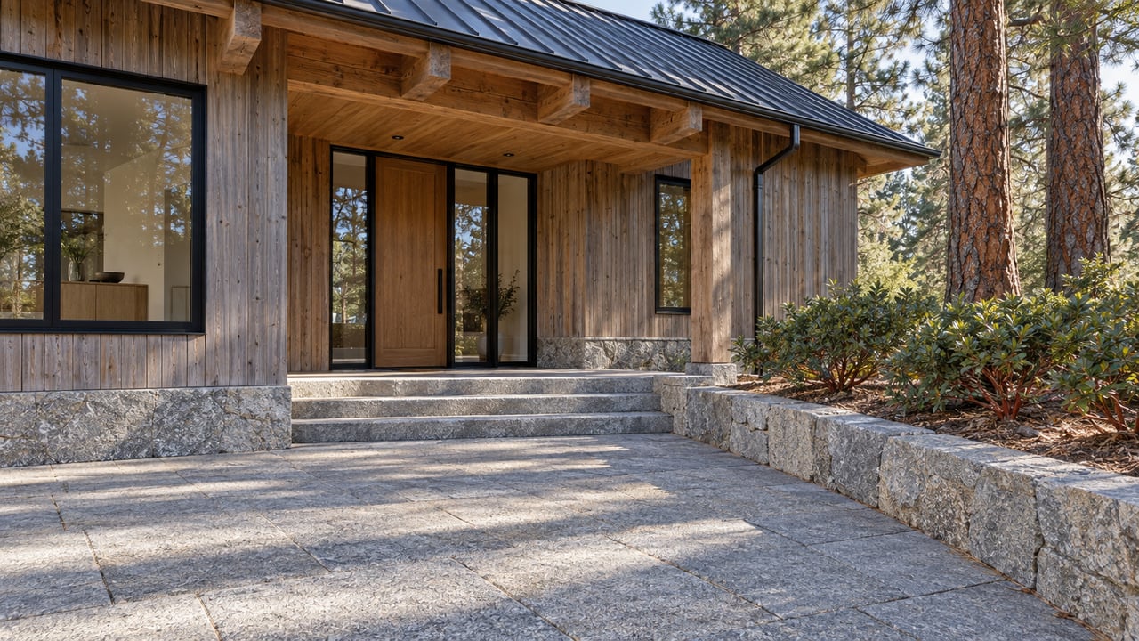 Cedar-clad home with a covered timber entry, granite steps and mature pines in autumn sunlight.