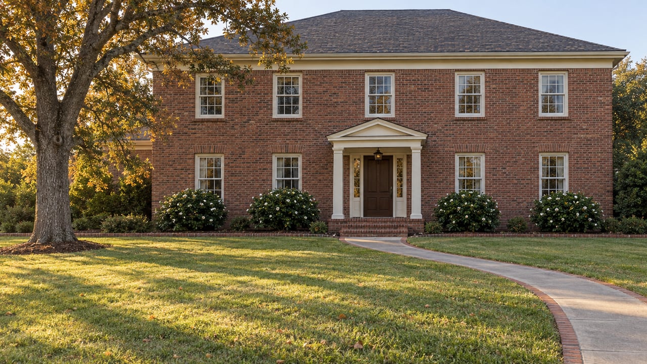 A traditional red-brick home behind a broad lawn, with a curving concrete walk and a mature white oak in late-afternoon light.