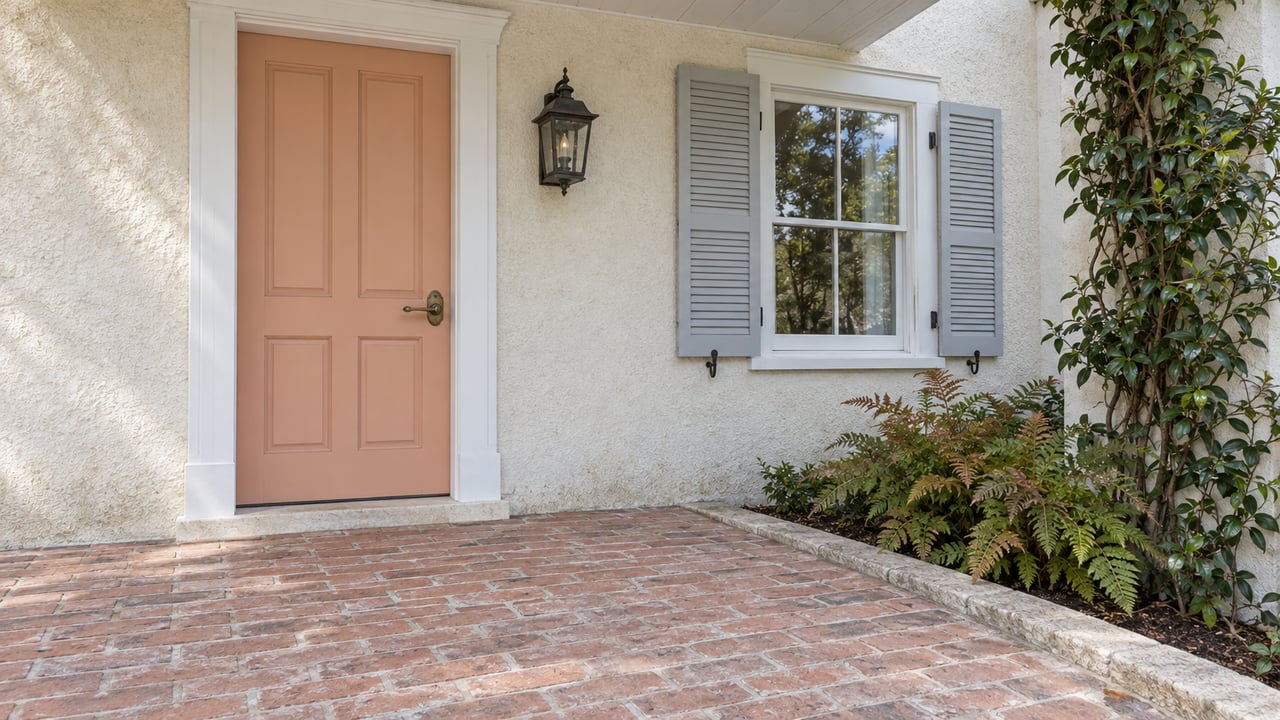 Peach front door and shuttered window above a worn brick entrance landing, with jasmine and a copper-green fern beside pale stucco.