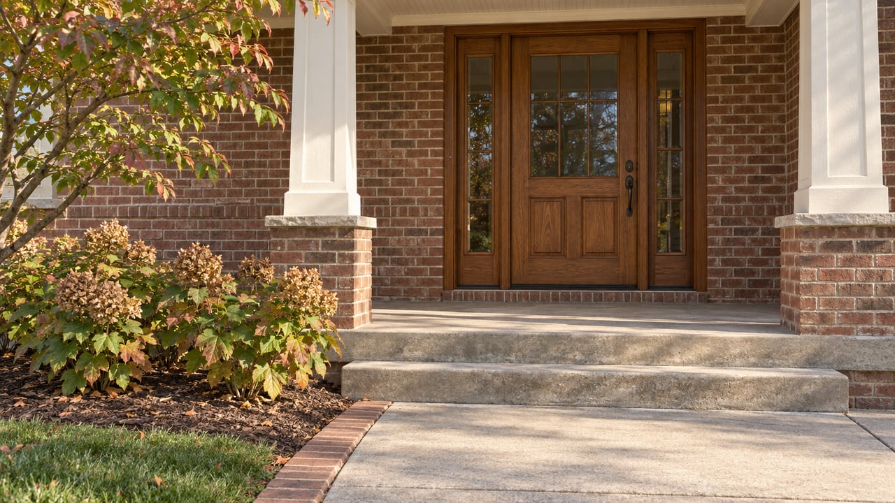 Morning light across a brick home's covered porch, oak entry door, concrete steps, and autumn oakleaf hydrangeas.