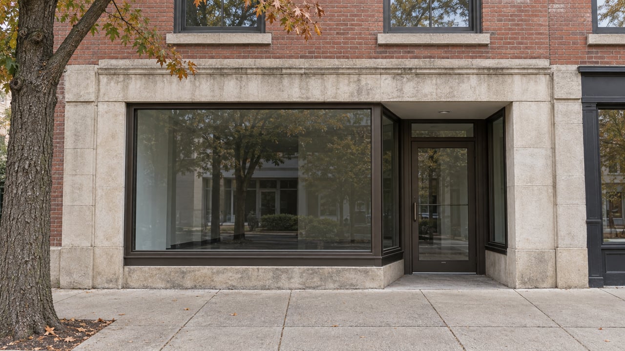 Attached brick storefront with bronze-framed windows, recessed entrance, and an oak tree beside the sidewalk.