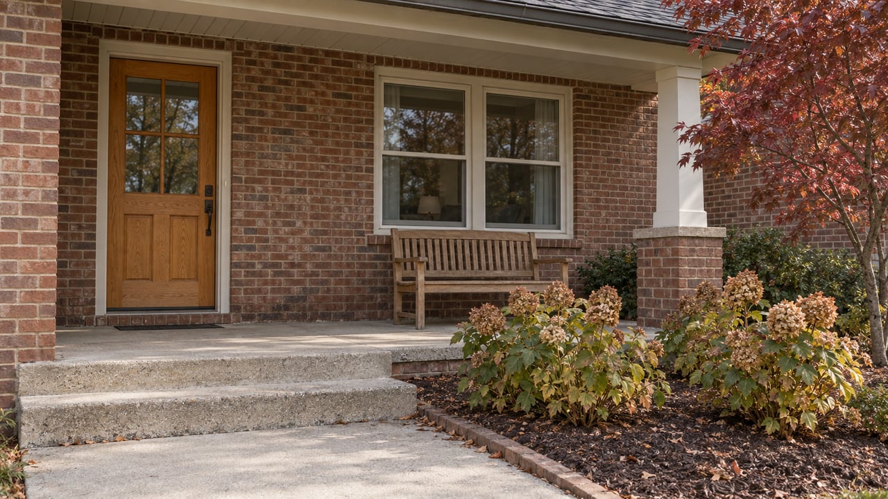 Covered brick-home entry with an oak door, paired windows, concrete steps and autumn dogwood and oakleaf hydrangea planting.