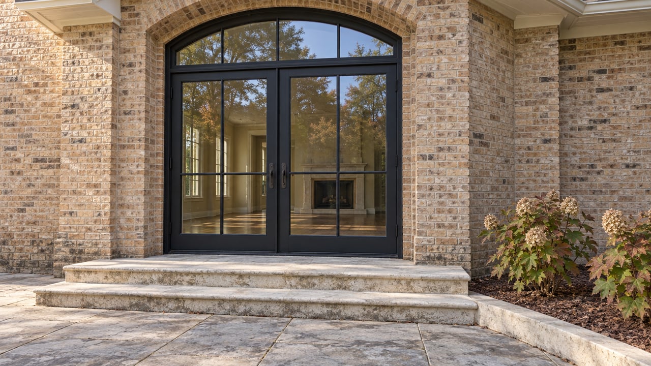 Brick home entrance with arched black-framed glass doors, stone steps, and autumn hydrangeas.