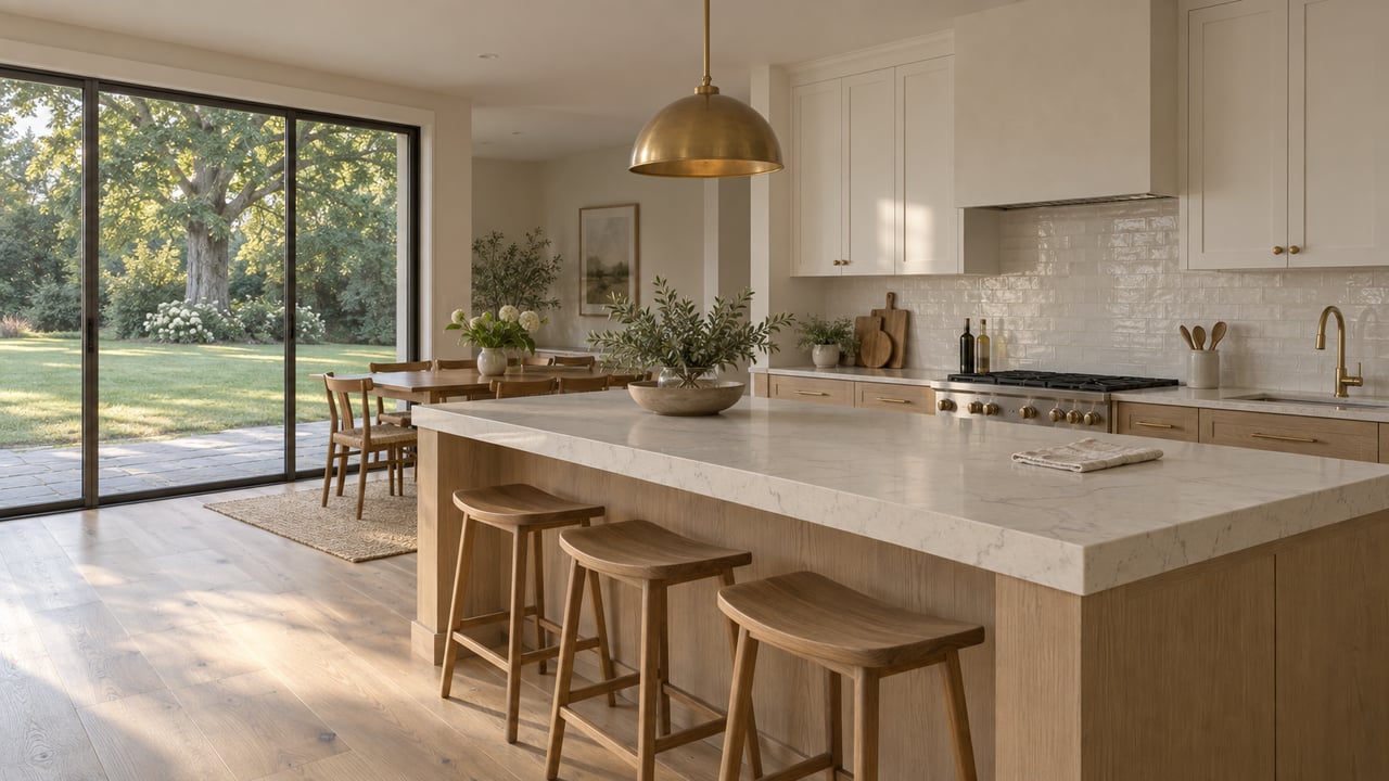 Pale oak kitchen island with three stools faces a glazed door and lawn leading to a mature oak tree.