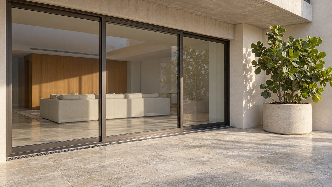 Sunlit limestone condominium terrace with bronze-framed glass doors, pale stucco, and a sea grape specimen in a stone planter.