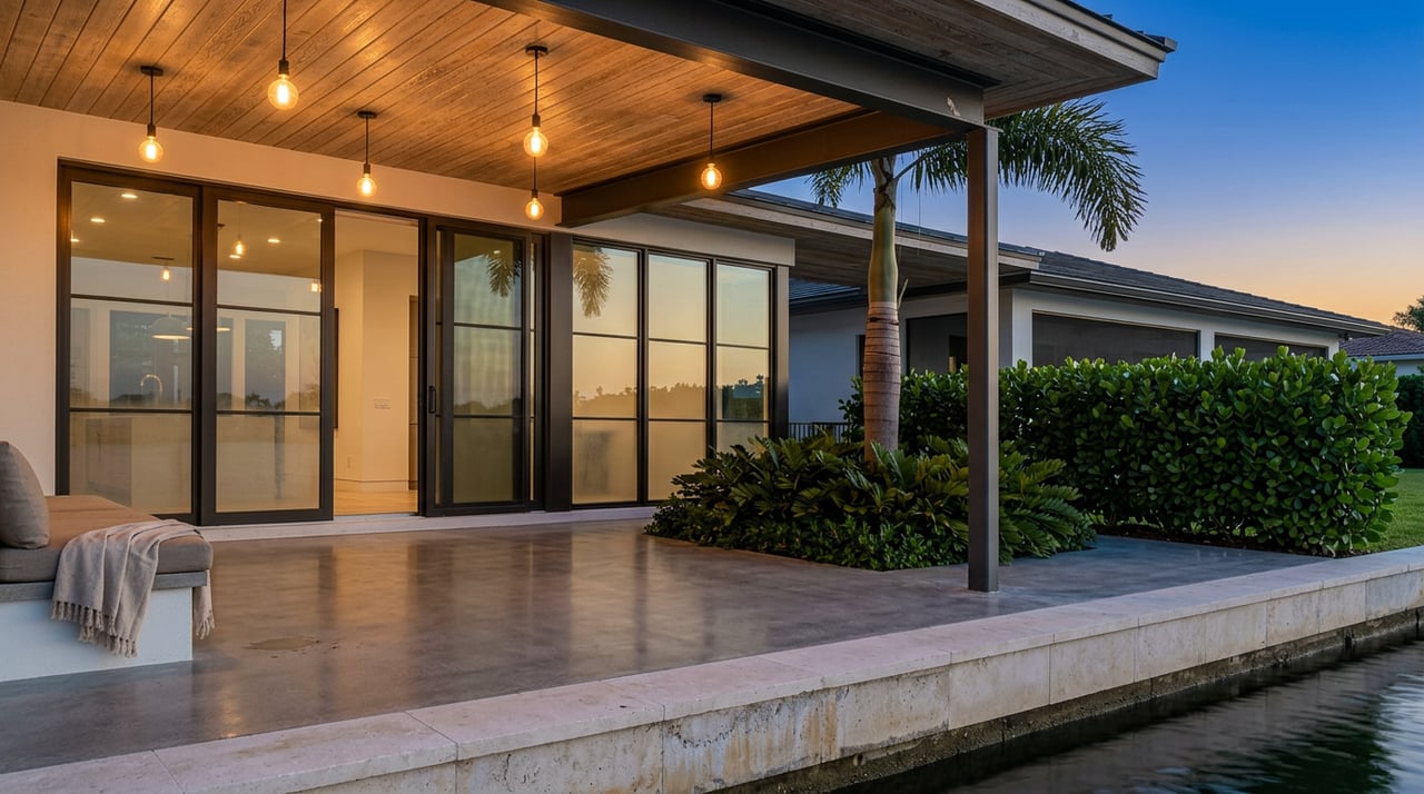 Waterfront terrace at dusk with warm pendant lights, bronze-framed glass doors, and a royal palm beside the seawall.