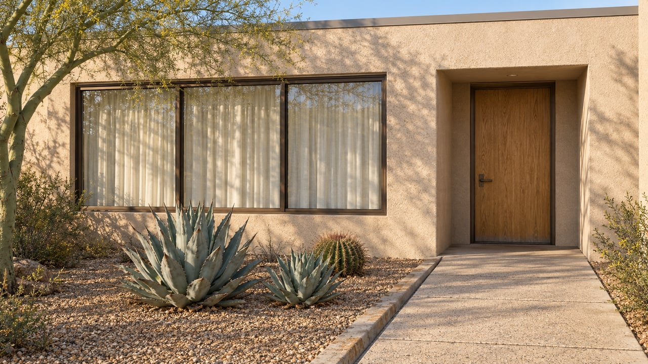 Home entrance with a recessed wooden door and gravel landscaping with agave and cactus.