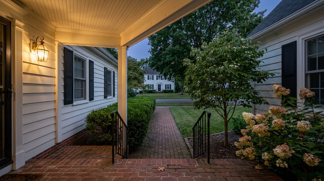 Brick front steps and a hedge-lined walk seen from a colonial porch at dusk, lit by a brass lantern.