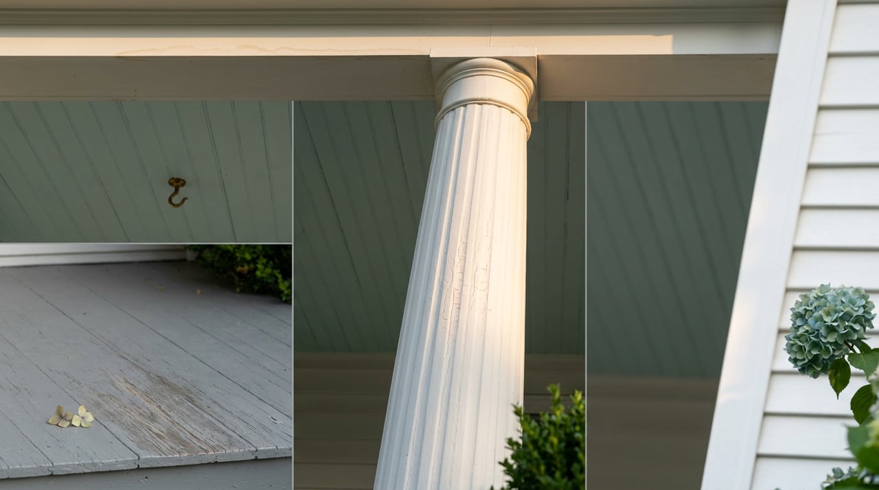Fluted white porch column meets pale blue-green ceiling boards beside a soft-focus hydrangea.