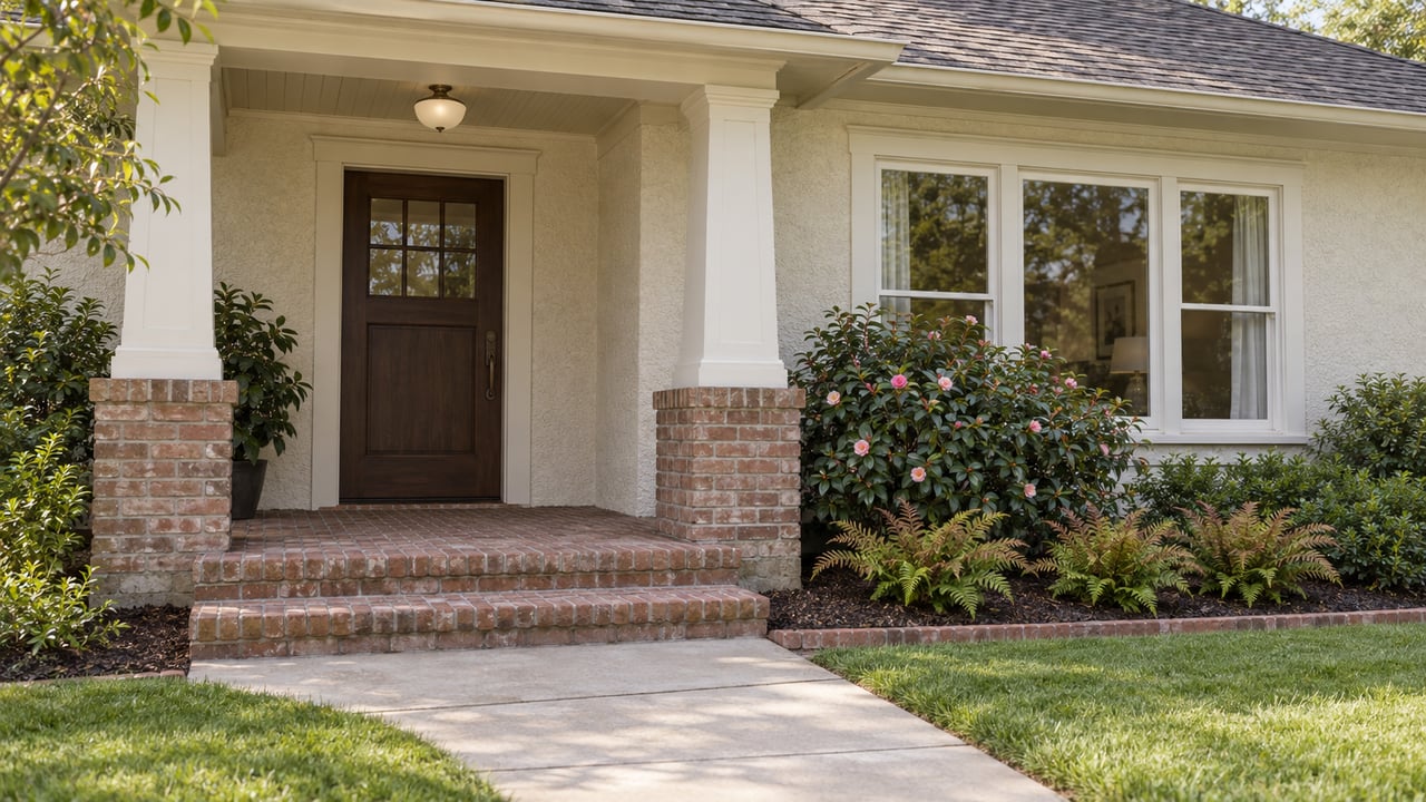 Ivory stucco home with a brick porch, oak front door, white timber windows, and a camellia beside the lawn approach.