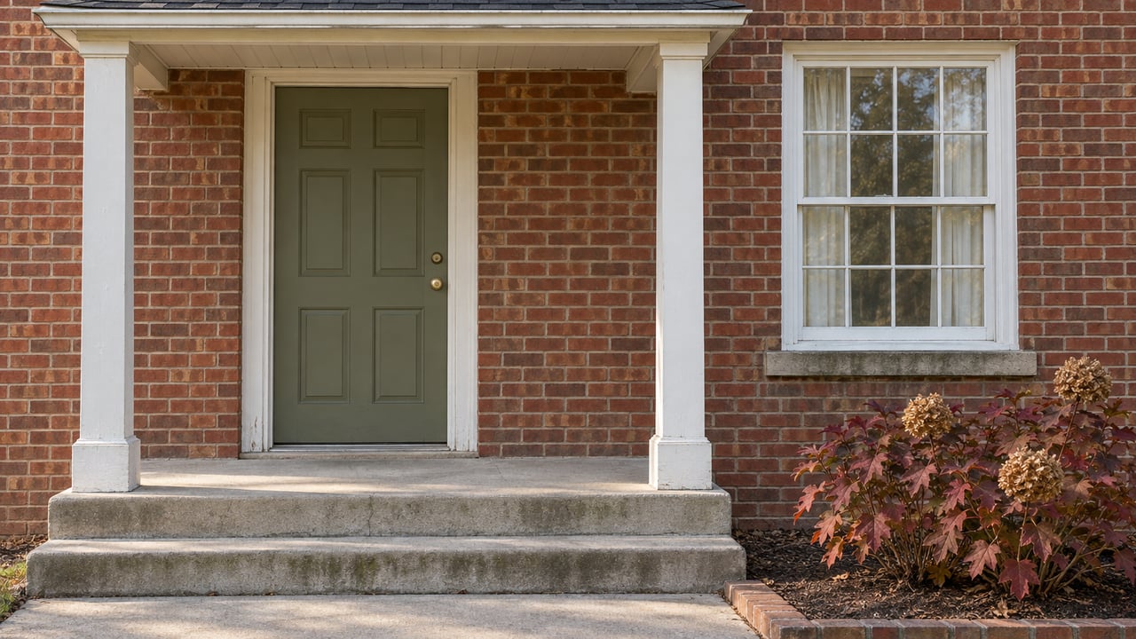 Brick home entry with an olive paneled door, white-trimmed window, concrete steps, and autumn oakleaf hydrangea.