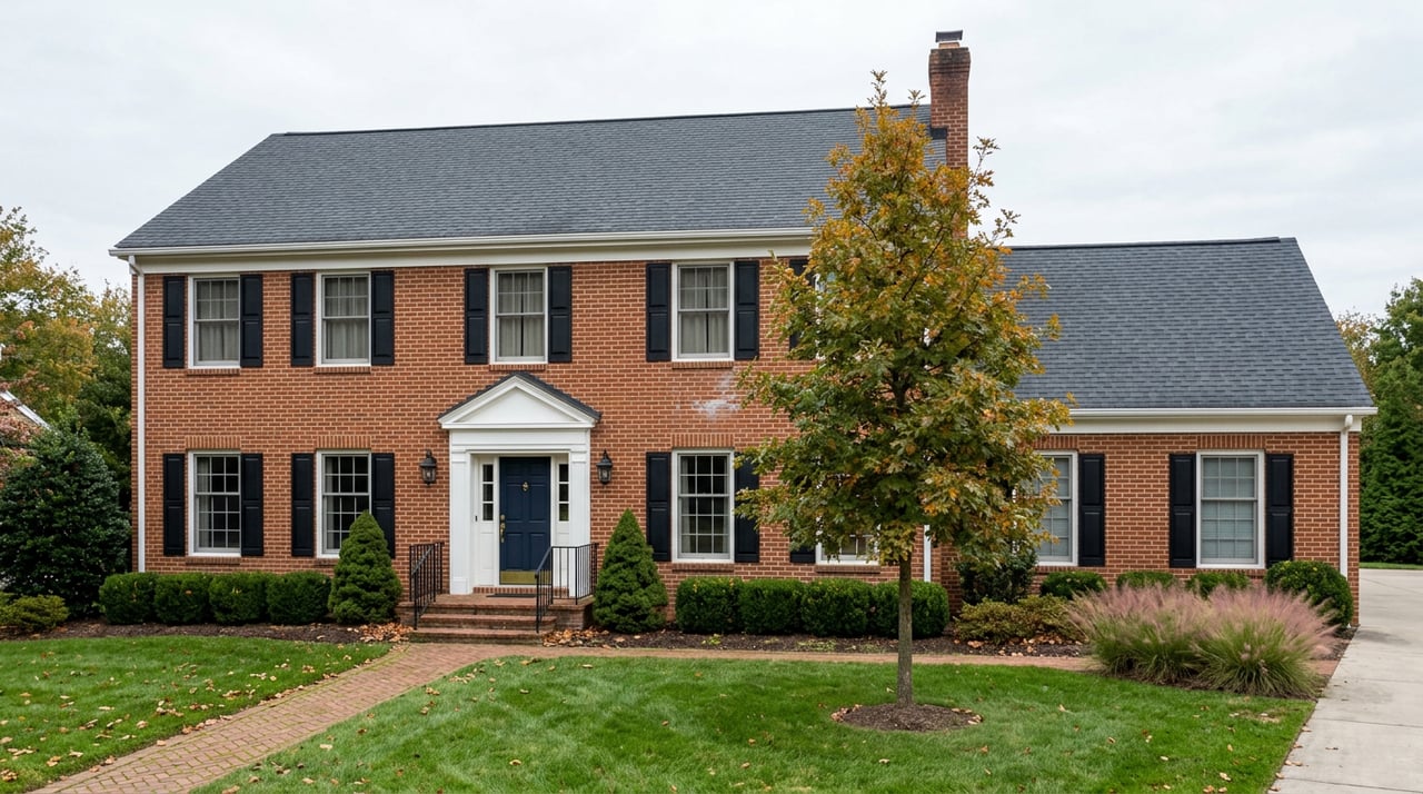 Two-story red brick Colonial with black shutters, white pedimented entry, boxwood beds, and a turning pin oak.