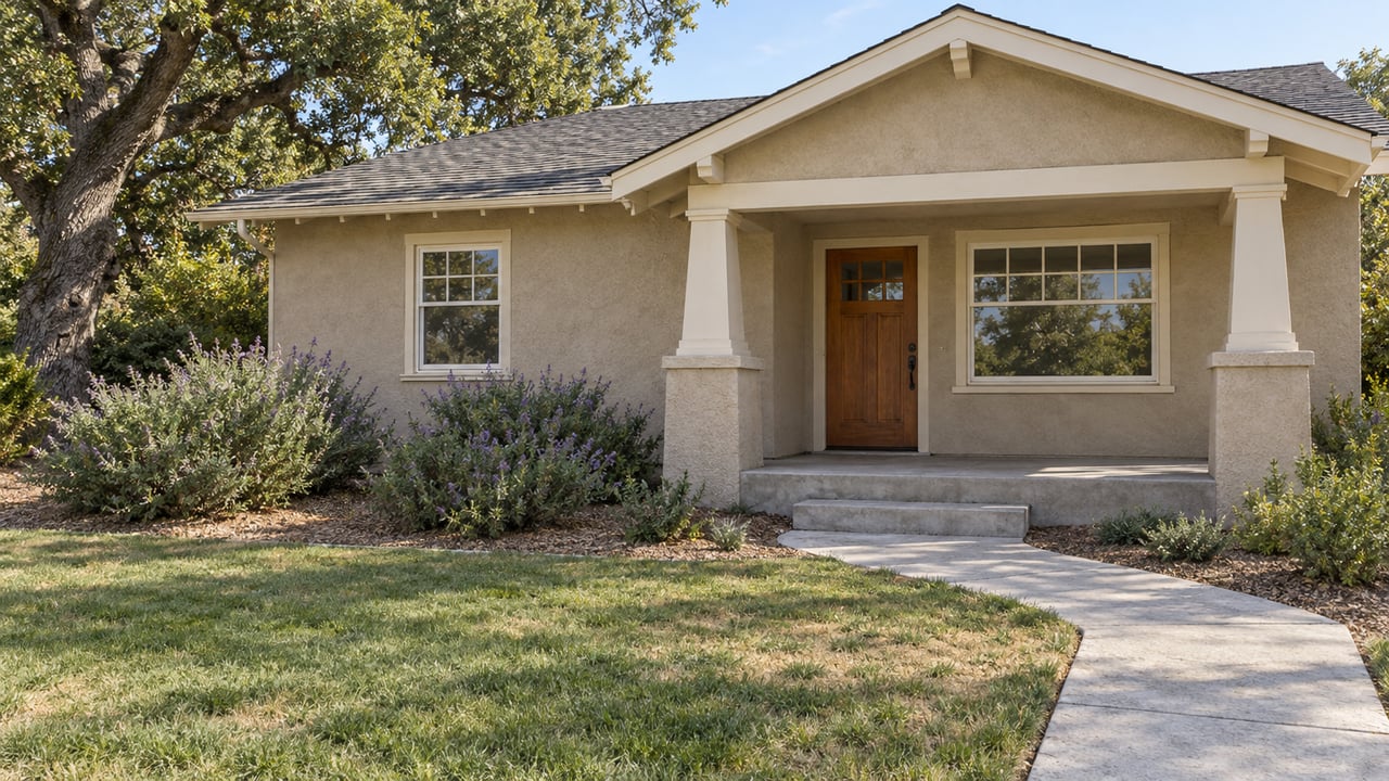 Warm stucco bungalow with cream-trimmed windows, a shaded porch, lawn and flowering sage beside a concrete front walk.