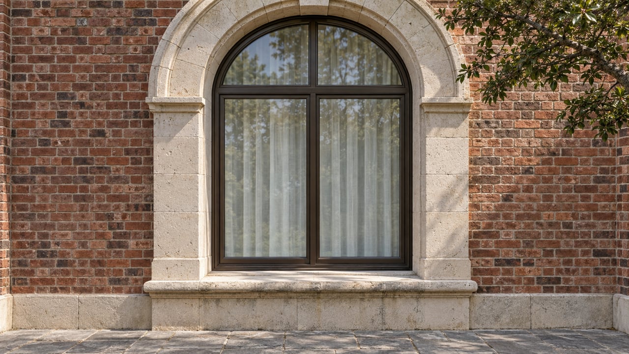 Arched bronze-framed window with pale curtains, a cream limestone surround, and weathered red brick above a stone-paved approach.