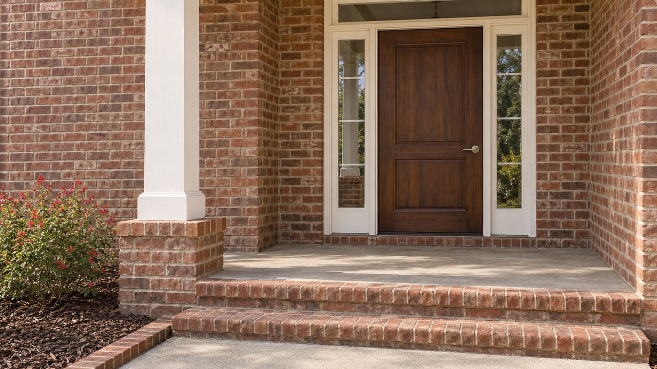 Sunlit brick porch steps leading to a dark wood front door with sidelights, beside a white porch post and red-flowering autumn sage.