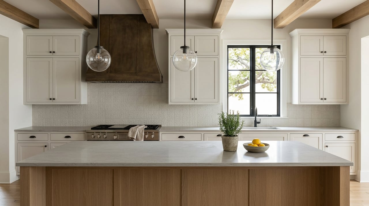 Bright kitchen with a white oak island, bronze range hood, exposed beams, and a black steel window.