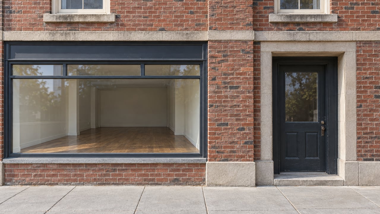 Red-brown brick mixed-use facade with upper apartment windows, a charcoal-framed commercial window and a recessed residential entrance.