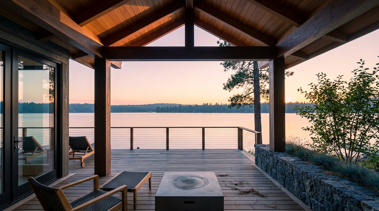 Covered timber deck with teak chairs and a stone planter, opening onto dusk water and a distant tree line.